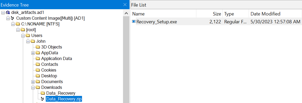 FTK Imager with imported disc_artifacts.ad1 Evidence Tree