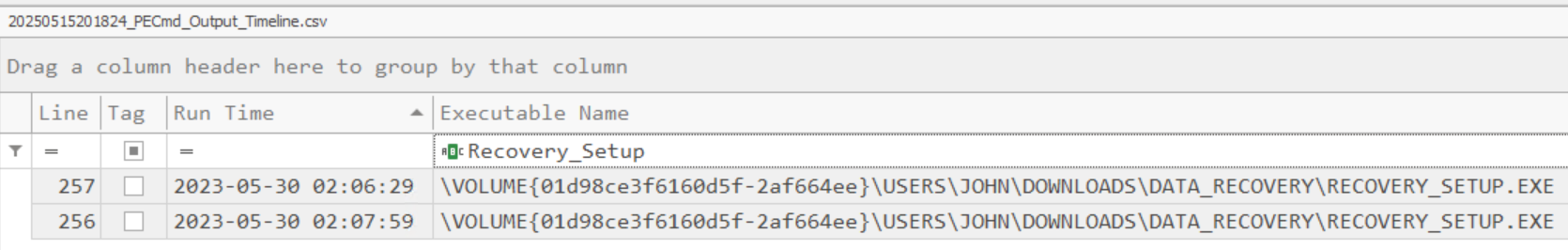 Timeline Explorer with PECmd_Output_Timeline filtered for Recovery_Setup
